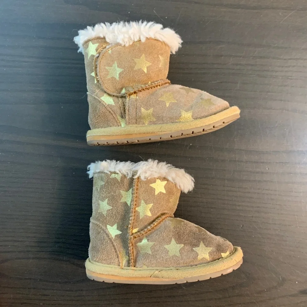 Emu Australia Kids 12-18 Month Star Print‎ Suede Boots Brown Gold Merino Lined